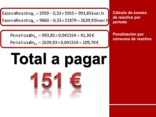 Cálculo de exceso
de reactiva por
periodo
Penalización por
consumo de reactiva
kvar.h2639,93218790,339860ReactivaExceso
kvar.h993,8559550,332959ReactivaExceso
P2
P1


€109,700,0415542639,93ónPenalizaci
€41,300,041554993,85ónPenalizaci
P2
P1


Total a pagar
 