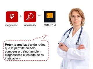 Potente analizador de redes,
que le permite no solo
compensar , sino también
diagnosticas el estado de su
instalación.
φ
Regulador Analizador
+ =
SMART III
 