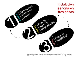 Instalación
sencilla en
tres pasos
(*) Por seguridad solo en bancos de condensadores de baja tensión
 