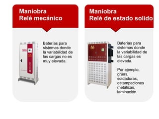 Maniobra
Relé mecánico
Maniobra
Relé de estado solido
Baterías para
sistemas donde
la variabilidad de
las cargas no es
muy elevada.
Baterías para
sistemas donde
la variabilidad de
las cargas es
elevada.
Por ejemplo,
grúas,
soldaduras,
estampaciones
metálicas,
laminación.
 
