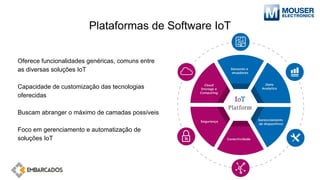 Plataformas de Software IoT
Oferece funcionalidades genéricas, comuns entre
as diversas soluções IoT
Capacidade de customização das tecnologias
oferecidas
Buscam abranger o máximo de camadas possíveis
Foco em gerenciamento e automatização de
soluções IoT
 