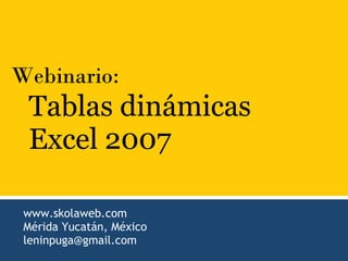 Webinario:
 Tablas dinámicas
 Excel 2007

 www.skolaweb.com
 Mérida Yucatán, México
 leninpuga@gmail.com
  
 