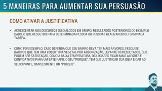 COMO ATIVAR A JUSTIFICATIVA
• ACRESCENTAR NOS DISCURSOS OU DIÁLOGOS EM GRUPO, RESULTADOS POSTERIORES DO EXEMPLO
DADO. O QUE RESULTOU PARA DETERMINADA PESSOA OU PESSOAS REALIZAREM DETERMINADA
TAREFA.
• COMO POR EXEMPLO, CASO DEFENDA QUE SEU BAIRRO DEVA TER MAIS ÁRVORES, PESQUISE
BAIRROS QUE TEM UMA COBERTURA VEGETAL POR ARBORIZAÇÃO, LEVANTE OS RESULTADOS, QUE
PODEM SER SATISFAÇÃO, COMO A BAIXA TEMPERATURA, OS LUGARES FICAM MAIS ALEGRES E
CONVIDATIVOS PARA UM BATE PAPO. O SEU “PORQUE”, TEM QUE JUSTIFICAR SUA IDEIA E DAR AO
SEU OUVINTE, SIMPLESMENTE UM “PORQUE”.
 
