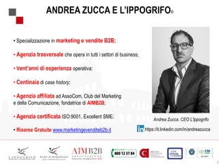2
ANDREA ZUCCA E L’IPPOGRIFO®
• Specializzazione in marketing e vendite B2B;
• Agenzia trasversale che opera in tutti i settori di business;
• Vent’anni di esperienza operativa;
• Centinaia di case history;
• Agenzia affiliata ad AssoCom, Club del Marketing
e della Comunicazione, fondatrice di AIMB2B;
• Agenzia certificata ISO:9001, Excellent SME;
• Risorse Gratuite www.marketingevenditeb2b.it
Andrea Zucca, CEO L’Ippogrifo
https://it.linkedin.com/in/andreazucca
 