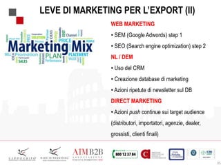 35
WEB MARKETING
• SEM (Google Adwords) step 1
• SEO (Search engine optimization) step 2
NL / DEM
• Uso del CRM
• Creazione database di marketing
• Azioni ripetute di newsletter sul DB
DIRECT MARKETING
• Azioni push continue sui target audience
(distributori, importatori, agenzie, dealer,
grossisti, clienti finali)
LEVE DI MARKETING PER L’EXPORT (II)
 