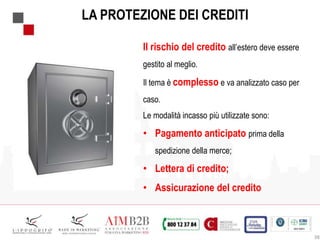 38
LA PROTEZIONE DEI CREDITI
Il rischio del credito all’estero deve essere
gestito al meglio.
Il tema è complesso e va analizzato caso per
caso.
Le modalità incasso più utilizzate sono:
• Pagamento anticipato prima della
spedizione della merce;
• Lettera di credito;
• Assicurazione del credito
 