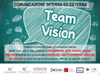 13
COMUNICAZIONE INTERNA ED ESTERNA
Il webinar si concentra sulla comunicazione esterna.
Resta inteso che va fatta un’attività di allineamento delle risorse umane
interne all’azienda con cui condividere missione, valori e contenuti veicolati
al mercato (e quindi ciò che la comunicazione diffonde «al resto del mondo»).
 