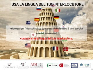 23
USA LA LINGUA DEL TUO INTERLOCUTORE
Nei progetti per l’internazionalizzazione ricordati che la regola è tanto semplice
quanto fondamentale:
comunica nella lingua del tuo interlocutore.
 