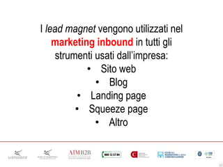 12
I lead magnet vengono utilizzati nel
marketing inbound in tutti gli
strumenti usati dall’impresa:
• Sito web
• Blog
• Landing page
• Squeeze page
• Altro
 