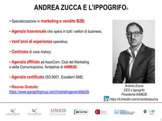 2
ANDREA ZUCCA E L’IPPOGRIFO®
• Specializzazione in marketing e vendite B2B;
• Agenzia trasversale che opera in tutti i settori di business;
• Vent’anni di esperienza operativa;
• Centinaia di case history;
• Agenzia affiliata ad AssoCom, Club del Marketing
e della Comunicazione, fondatrice di AIMB2B;
• Agenzia certificata ISO:9001, Excellent SME;
• Risorse Gratuite:
https://www.ippogrifogroup.com/marketingevenditeb2b
Andrea Zucca
CEO L’Ippogrifo
Presidente AIMB2B
https://it.linkedin.com/in/andreazucca
 