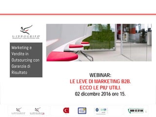 WEBINAR:
LE LEVE DI MARKETING B2B.
ECCO LE PIU’ UTILI.
02 dicembre 2016 ore 15.
1
 