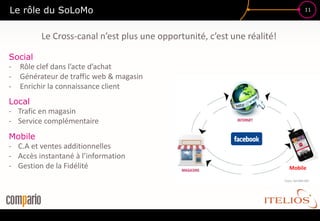 Le rôle du SoLoMo                                                             11




         Le Cross-canal n’est plus une opportunité, c’est une réalité!

Social
- Rôle clef dans l’acte d’achat
- Générateur de traffic web & magasin
- Enrichir la connaissance client
Local
- Trafic en magasin
- Service complémentaire
Mobile
- C.A et ventes additionnelles
- Accès instantané à l’information                       Données
- Gestion de la Fidélité                                                 Mobile
                                                         Chiffrées
 