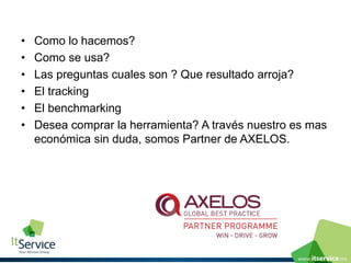 •Como lo hacemos? 
•Como se usa? 
•Las preguntas cuales son ? Que resultado arroja? 
•El tracking 
•El benchmarking 
•Desea comprar la herramienta? A través nuestro es mas económica sin duda, somos Partnerde AXELOS.  