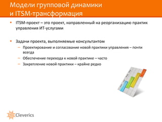 Модели групповой динамики
и ITSM-трансформация
• ITSM-проект – это проект, направленный на реорганизацию практик
управления ИТ-услугами
• Задачи проекта, выполняемые консультантом
– Проектирование и согласование новой практики управления – почти
всегда
– Обеспечение перехода к новой практике – часто
– Закрепление новой практики – крайне редко
 