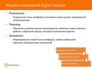 Модель изменений Курта Левина
• Разморозка
– Разрушение зоны комфорта, установка новых целей, преодоление
сопротивления
• Переход
– Обучение и демонстрация преимуществ, освоение новых практик,
работа с обратной связью, контроль изменения практик
• Заморозка
– Формирование новой зоны комфорта, новой стабильной
практики, объединение изменений
 