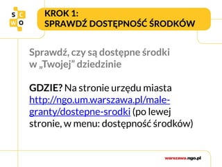 KROK 1:
SPRAWDŹ DOSTĘPNOŚĆ ŚRODKÓW
Sprawdź, czy są dostępne środki
w „Twojej” dziedzinie
GDZIE? Na stronie urzędu miasta
http://ngo.um.warszawa.pl/male-
granty/dostepne-srodki (po lewej
stronie, w menu: dostępność środków)
 
