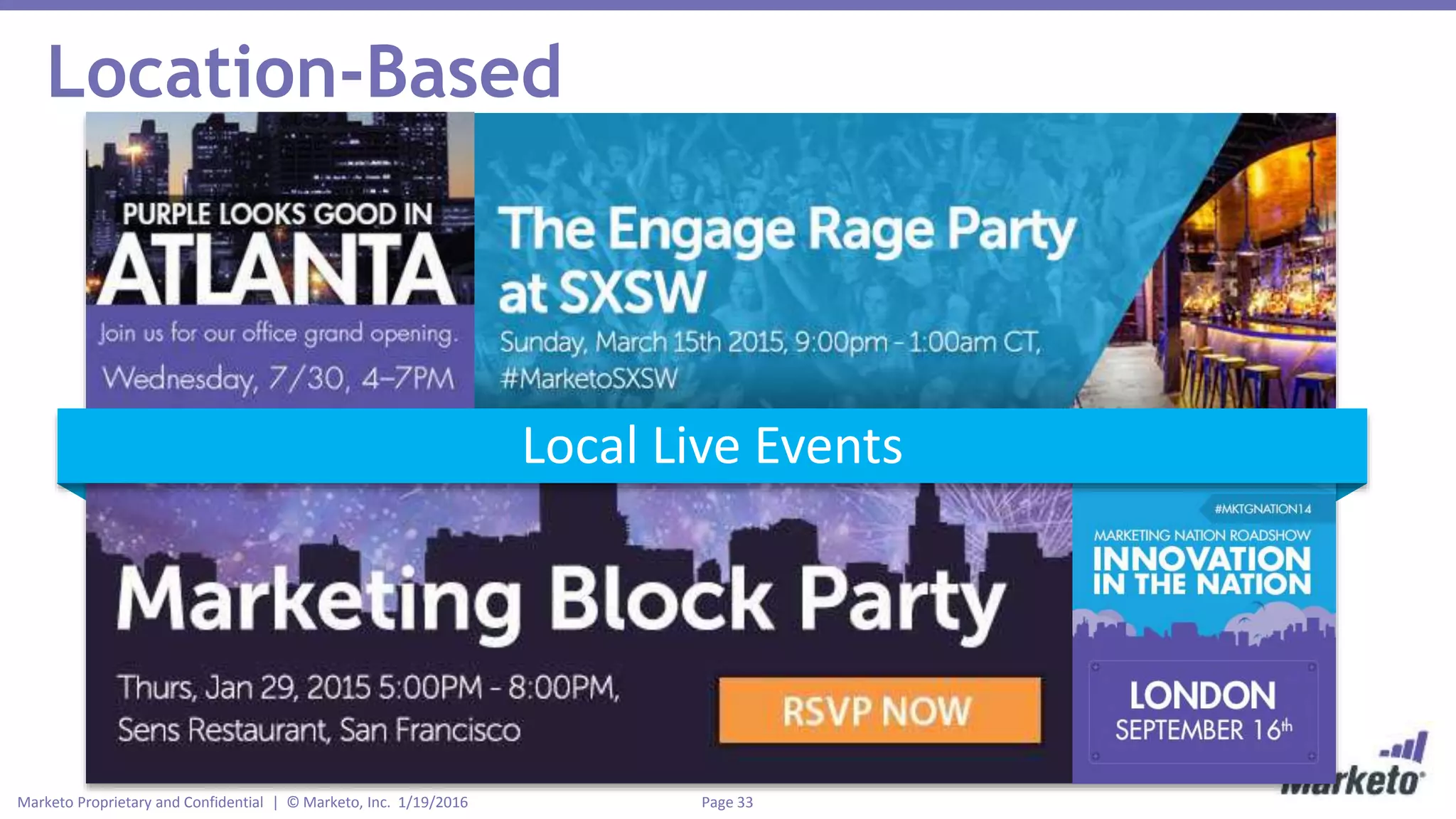 Page 33Marketo Proprietary and Confidential | © Marketo, Inc. 1/19/2016
Location-Based
Visitors presented with personalized content convert 5X more than avg.
Local Live Events
 