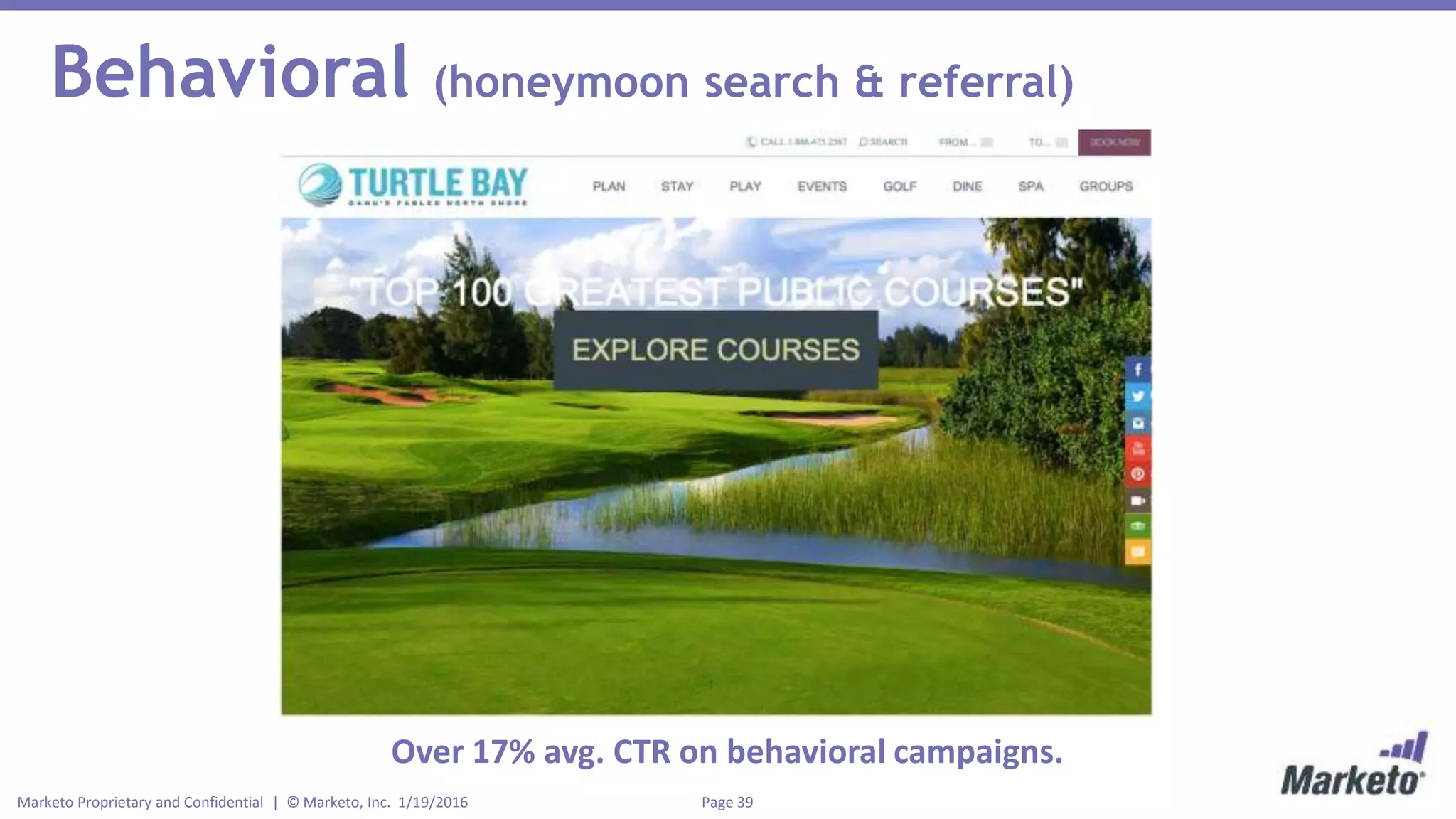 Page 39Marketo Proprietary and Confidential | © Marketo, Inc. 1/19/2016
Behavioral (honeymoon search & referral)
Over 17% avg. CTR on behavioral campaigns.
 