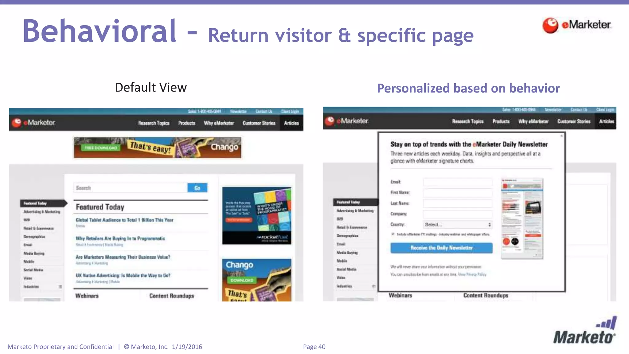 Page 40Marketo Proprietary and Confidential | © Marketo, Inc. 1/19/2016
Behavioral – Return visitor & specific page
Default View Personalized based on behavior
 