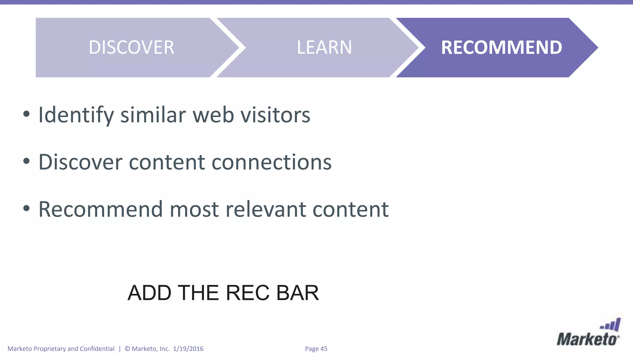 Page 45Marketo Proprietary and Confidential | © Marketo, Inc. 1/19/2016
• Identify similar web visitors
• Discover content connections
• Recommend most relevant content
DISCOVER LEARN RECOMMEND
ADD THE REC BAR
 