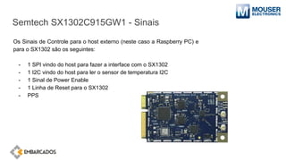 Semtech SX1302C915GW1 - Sinais
Os Sinais de Controle para o host externo (neste caso a Raspberry PC) e
para o SX1302 são os seguintes:
- 1 SPI vindo do host para fazer a interface com o SX1302
- 1 I2C vindo do host para ler o sensor de temperatura I2C
- 1 Sinal de Power Enable
- 1 Linha de Reset para o SX1302
- PPS
 