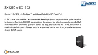 SX1250 e SX1302
Semtech SX1250 - LoRa Core™ Multi-band Sub-GHz RF Front End
O SX1250 é um sub-GHz RF front end device projetado especialmente para trabalhar
junto com o Semtech SX1302, para projetos de gateway de alto desempenho com LoRa®
ou LoRaWAN®. Ele cobre qualquer banda de frequência abaixo de 1 GHz, tornando-o o
candidato perfeito para oferecer suporte a qualquer banda sem licença usada nos casos
de uso de IoT atuais.
 