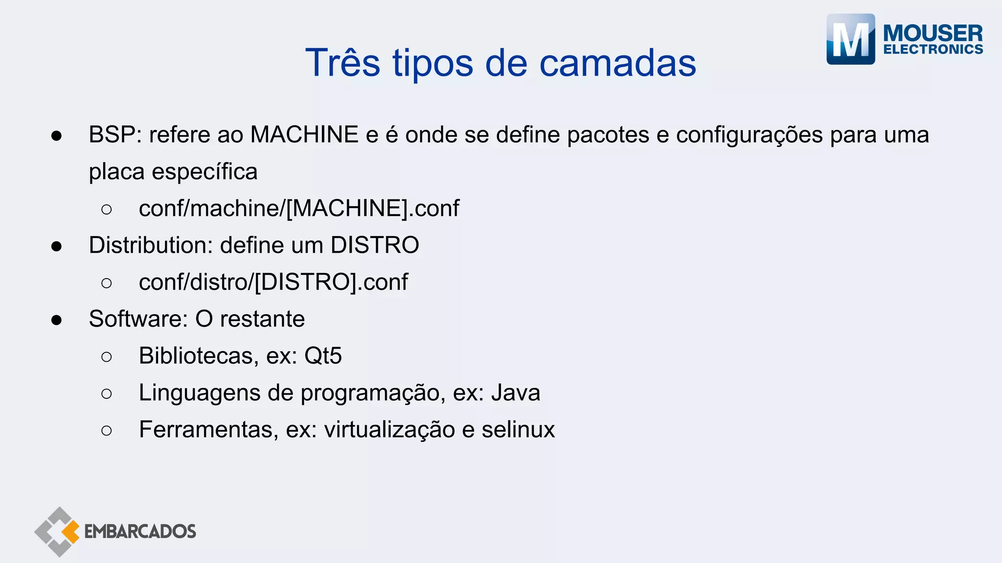 Três tipos de camadas
● BSP: refere ao MACHINE e é onde se define pacotes e configurações para uma
placa específica
○ conf/machine/[MACHINE].conf
● Distribution: define um DISTRO
○ conf/distro/[DISTRO].conf
● Software: O restante
○ Bibliotecas, ex: Qt5
○ Linguagens de programação, ex: Java
○ Ferramentas, ex: virtualização e selinux
 