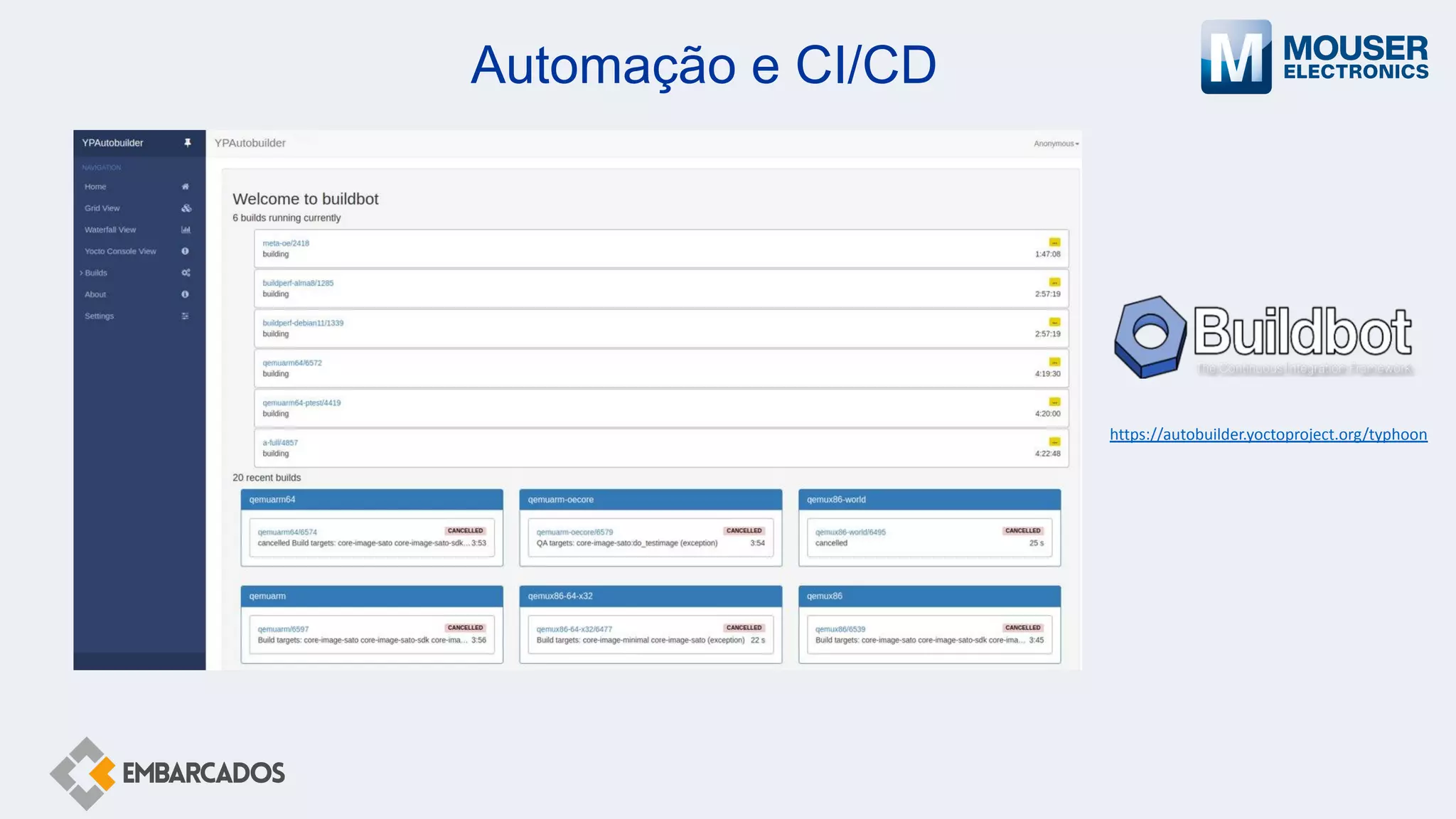 Automação e CI/CD
https://autobuilder.yoctoproject.org/typhoon
 