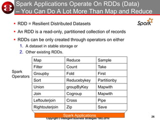 26
Copyright © Intelligent Business Strategies 1992-2016!
Spark Applications Operate On RDDs (Data)
– You Can Do A Lot More Than Map and Reduce
 RDD = Resilient Distributed Datasets
 An RDD is a read-only, partitioned collection of records
 RDDs can be only created through operators on either
1. A dataset in stable storage or
2. Other existing RDDs.
Map Reduce Sample
Filter Count Take
Groupby Fold First
Sort Reducebykey Partitionby
Union groupByKey Mapwith
Join Cogroup Mapwith
Leftouterjoin Cross Pipe
Rightouterjoin Zip Save
Spark
Operators
Spark Applications
 