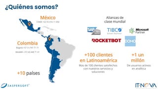 ¿Quiénes somos?
CDMX +52 55 416 11 450
México
Bogotá +57 (1) 747 71 71
Medellín +57 (4) 448 71 41
Colombia
+10 países
Alianzas de
clase mundial
+100 clientes
en Latinoamérica
Mas de 100 clientes satisfechos
con nuestros servicios y
soluciones
+1 un
millón
De usuarios activos
en analítica
 