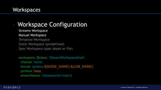 © Perforce Software Inc. All Rights Reserved.
Workspaces
◦ Workspace Configuration
Streams Workspace
Manual Workspace
Template Workspace
Static Workspace (predefined)
Spec Workspace (spec depot or file)
workspace: [$class: 'StreamWorkspaceImpl',
charset: 'none',
format: 'jenkins-${NODE_NAME}-${JOB_NAME}',
pinHost: false,
streamName: '//streams/st1-main']
 