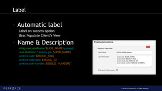 © Perforce Software Inc. All Rights Reserved.
Label
◦ Automatic label
Label on success option
Uses Populate Client’s View
◦ Name & Description
p4tag rawLabelName:'${JOB_NAME}-passed',
rawLabelDesc:'''Jenkins job: ${JOB_NAME}
Jenkins build: ${BUILD_TAG}
Jenkins build date: ${BUILD_ID}
Jenkins build number: ${BUILD_NUMBER}'''
 