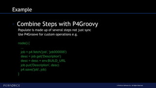 © Perforce Software Inc. All Rights Reserved.
Example
◦ Combine Steps with P4Groovy
Populate is made up of several steps not just sync
Use P4Groove for custom operations e.g.
node() {
...
job = p4.fetch('job', 'job000006')
desc = job.get('Description')
desc = desc + env.BUILD_URL
job.put('Description', desc)
p4.save('job', job)
}
 