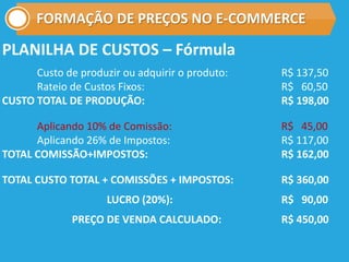 FORMAÇÃO DE PREÇOS NO E-COMMERCE
PLANILHA DE CUSTOS – Fórmula
Custo de produzir ou adquirir o produto: R$ 137,50
Rateio de Custos Fixos: R$ 60,50
CUSTO TOTAL DE PRODUÇÃO: R$ 198,00
Aplicando 10% de Comissão: R$ 45,00
Aplicando 26% de Impostos: R$ 117,00
TOTAL COMISSÃO+IMPOSTOS: R$ 162,00
TOTAL CUSTO TOTAL + COMISSÕES + IMPOSTOS: R$ 360,00
LUCRO (20%): R$ 90,00
PREÇO DE VENDA CALCULADO: R$ 450,00
 