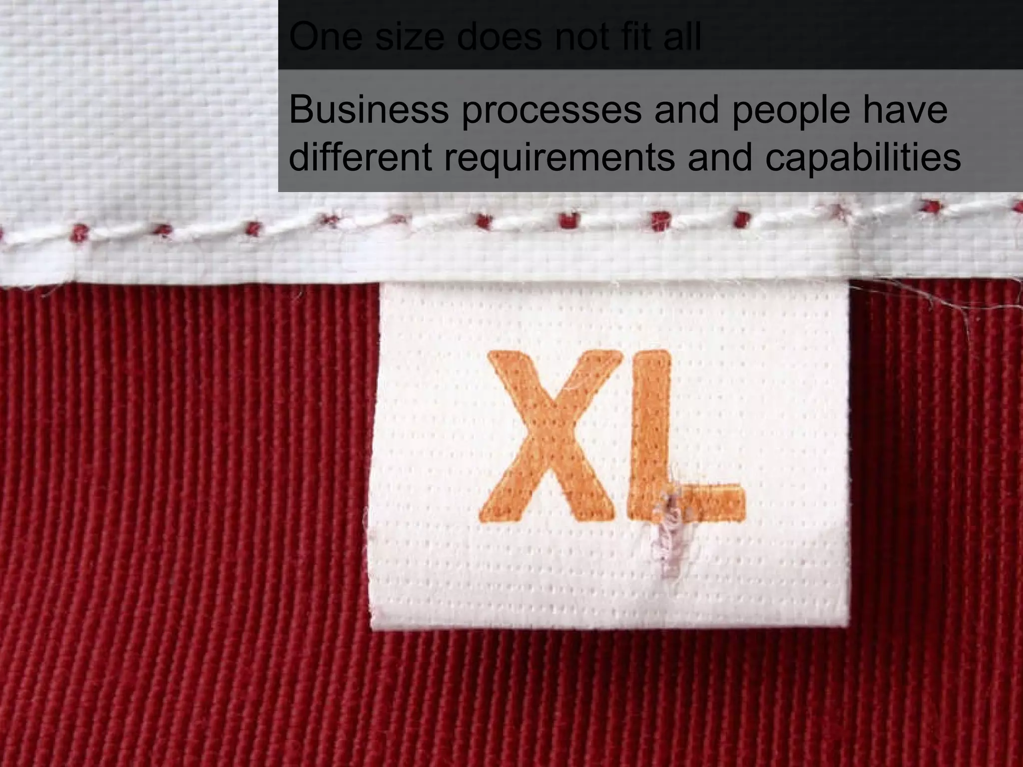 One size does not fit all Business processes and people have different requirements and capabilities 