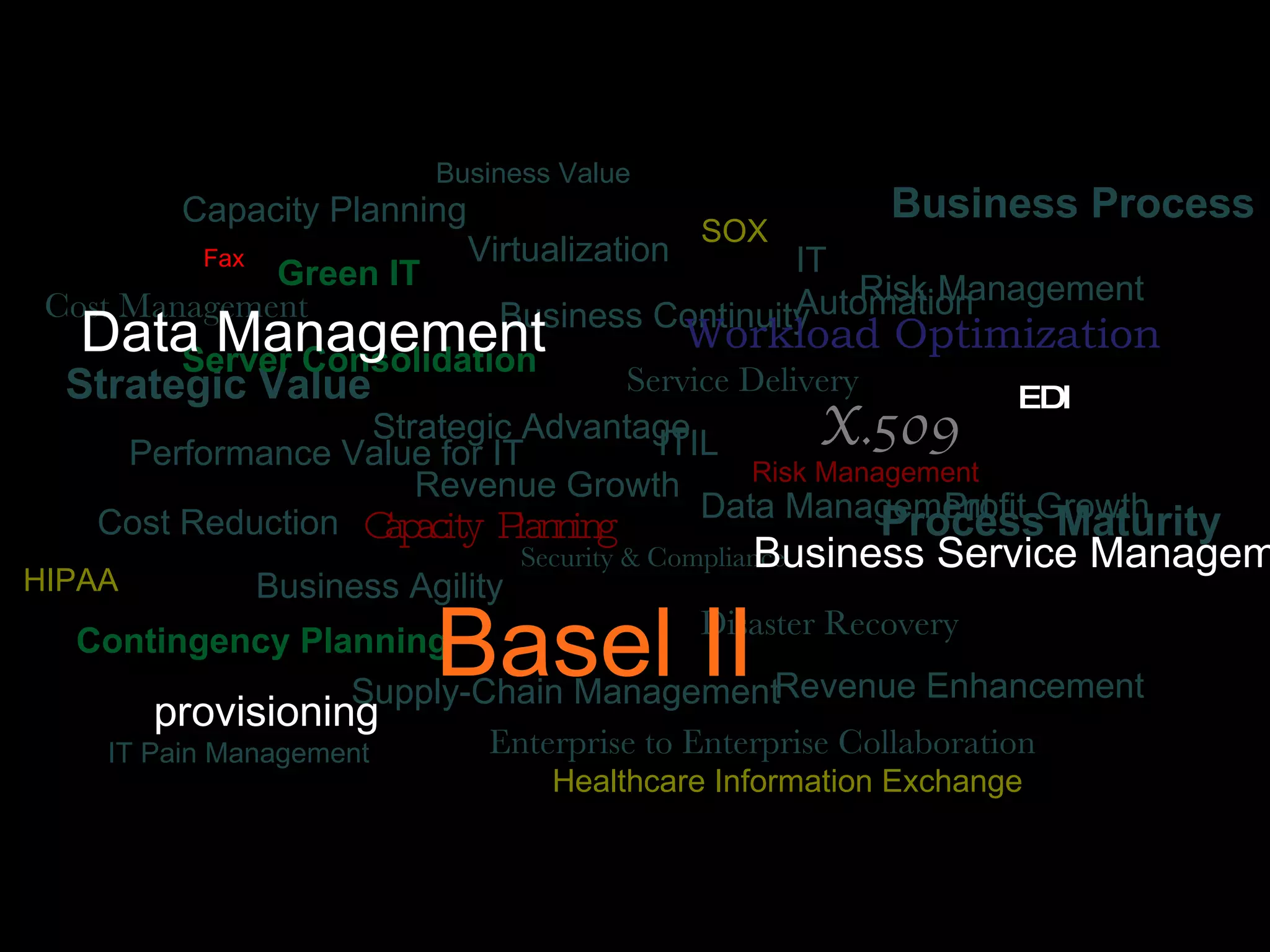 Green IT Security & Compliance Business Process Business Continuity Risk Management ITIL Cost Management Process Maturity Capacity Planning Service Delivery Contingency Planning Supply-Chain Management Disaster Recovery Data Management Enterprise to Enterprise Collaboration Business Value IT Pain Management Performance Value for IT Revenue Enhancement Strategic Value Strategic Advantage Revenue Growth Profit Growth Cost Reduction Business Agility Server Consolidation Virtualization IT Automation Workload Optimization  Data Management Risk Management Capacity Planning SOX HIPAA Basel II Healthcare Information Exchange Fax Business Service Management EDI provisioning X.509 