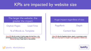 KPIs are impacted by website size
Some KPIs like the number of orphan pages, the load time, or the
percentage of words vs. template, have almost no impact on small
websites but have a huge impact on big websites.
Orphan Pages Load Time
% of Words vs. Template
The larger the website, the
greater the impact:
PageRank Depth
Content Size
Huge impact regardless of size:
Other KPIs like the PageRank dilution, depth, or surprisingly content
size, have a big impact on Google’s crawl, regardless of website size.
@botify - #BotifyWebinar
 