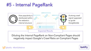 #5 - Internal PageRank
Expected Results
Diluting the Internal PageRank on Non-Compliant Pages should
negatively impact Google’s Crawl Ratio on Compliant Pages
How popularity is
distributed within
the website's
internal structure
A strong crawl
signal supposed
to guide
Googlebot(s)
@botify - #BotifyWebinar
 