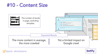 #10 - Content Size
The number of words
in page, excluding
template.
Expected Results
The more content in average,
the more crawled
Yet a limited impact on
Google crawl
@botify - #BotifyWebinar
 