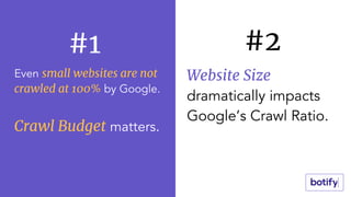Website Size
dramatically impacts
Google’s Crawl Ratio.
Even small websites are not
crawled at 100% by Google.
Crawl Budget matters.
#1 #2
 