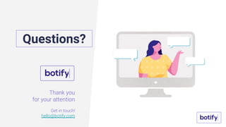 Thank you
for your attention
Get in touch!
hello@botify.com
Questions?
 