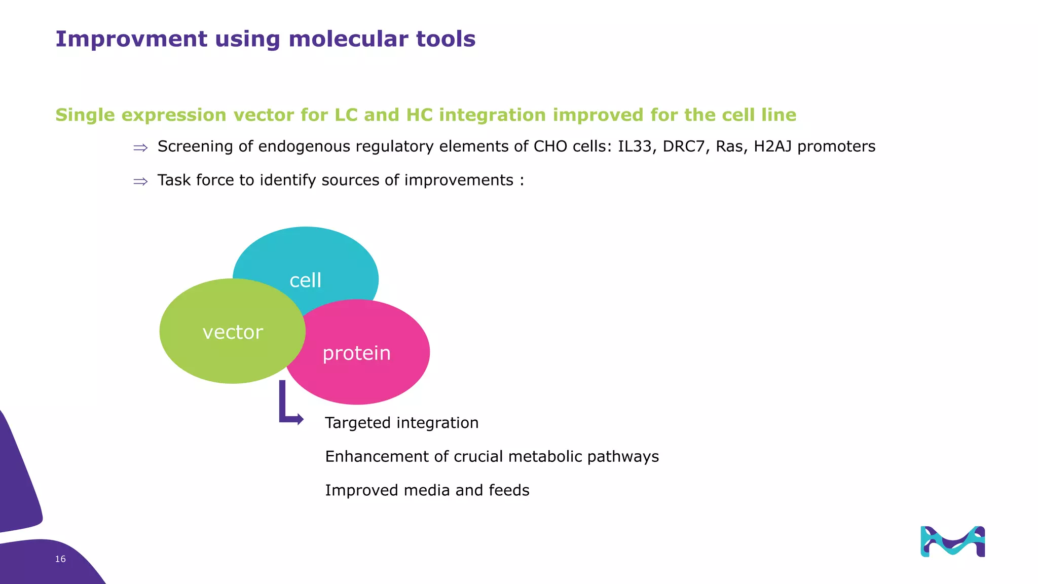 Improvment using molecular tools
Single expression vector for LC and HC integration improved for the cell line
 Screening of endogenous regulatory elements of CHO cells: IL33, DRC7, Ras, H2AJ promoters
 Task force to identify sources of improvements :
cell
protein
vector
Targeted integration
Enhancement of crucial metabolic pathways
Improved media and feeds
16
 
