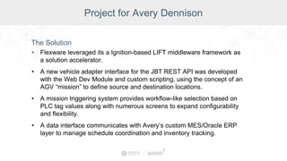 Project for Avery Dennison
The Solution
• Flexware leveraged its a Ignition-based LIFT middleware framework as
a solution accelerator.
• A new vehicle adapter interface for the JBT REST API was developed
with the Web Dev Module and custom scripting, using the concept of an
AGV “mission” to define source and destination locations.
• A mission triggering system provides workflow-like selection based on
PLC tag values along with numerous screens to expand configurability
and flexibility.
• A data interface communicates with Avery’s custom MES/Oracle ERP
layer to manage schedule coordination and inventory tracking.
 