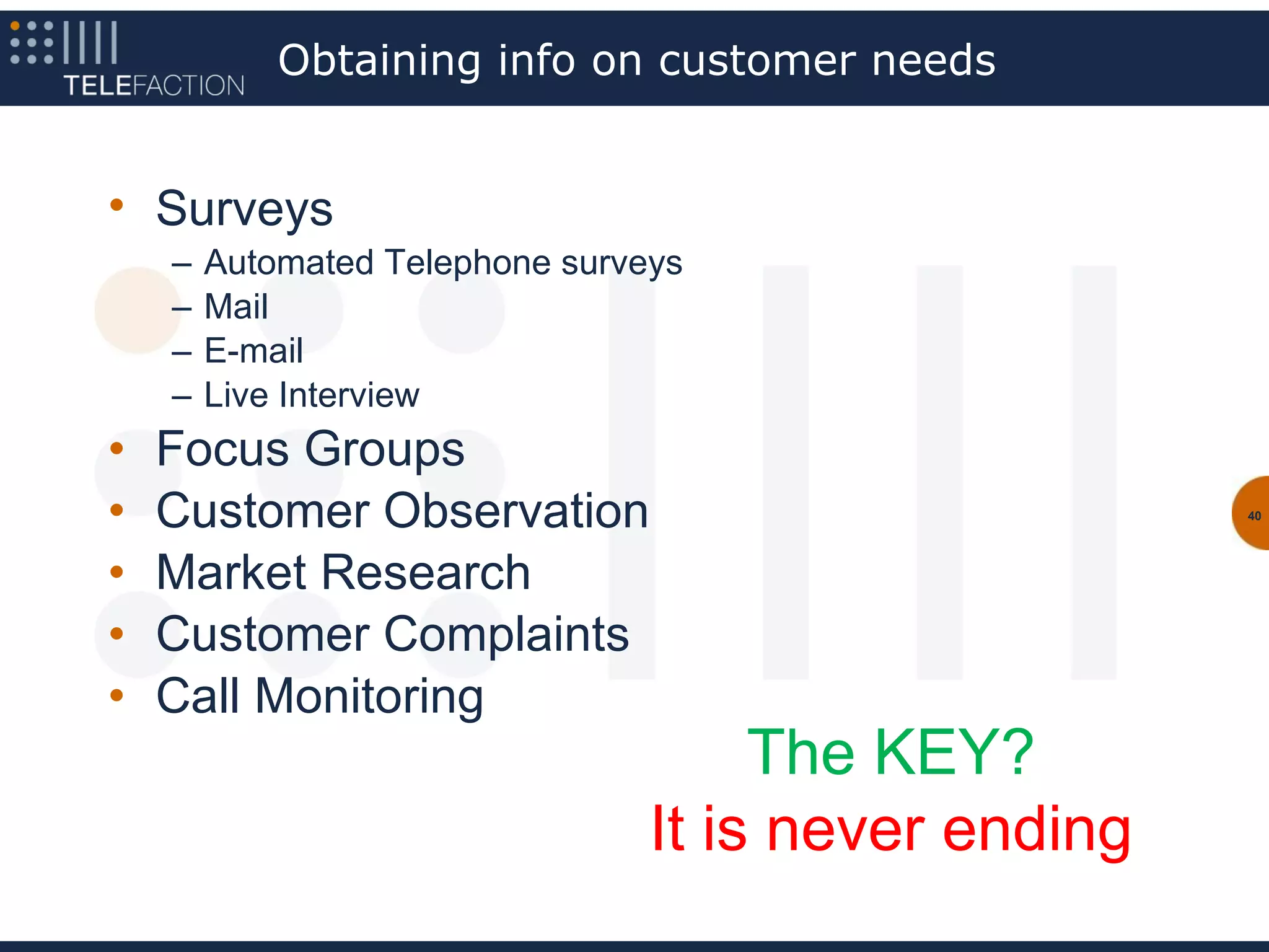 Obtaining info on customer needs


• Surveys
    –   Automated Telephone surveys
    –   Mail
    –   E-mail
    –   Live Interview
•   Focus Groups
•   Customer Observation                              40




•   Market Research
•   Customer Complaints
•   Call Monitoring
                                      The KEY?
                                 It is never ending
 