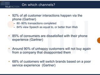 On which channels?


• 92% of all customer interactions happen via the
  phone (Gartner)
   – 80 -90% transactions completed
   – 84% view Speech as equal to, or better than Web


• 85% of consumers are dissatisfied with their phone
  experience (Gartner)                                  11




• Around 90% of unhappy customers will not buy again
  from a company that disappointed them

• 68% of customers will switch brands based on a poor
  service experience (Gartner)
 