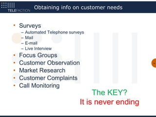 Obtaining info on customer needs


• Surveys
    –   Automated Telephone surveys
    –   Mail
    –   E-mail
    –   Live Interview
•   Focus Groups
•   Customer Observation                              40




•   Market Research
•   Customer Complaints
•   Call Monitoring
                                      The KEY?
                                 It is never ending
 