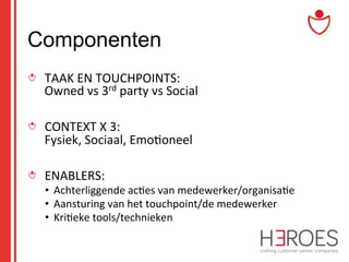 Componenten
"   TAAK	
  EN	
  TOUCHPOINTS:	
  
Owned	
  vs	
  3rd	
  party	
  vs	
  Social	
  
"   CONTEXT	
  X	
  3:	
  
Fysiek,	
  Sociaal,	
  Emo@oneel	
  
"   ENABLERS:	
  

•  Achterliggende	
  ac@es	
  van	
  medewerker/organisa@e	
  
•  Aansturing	
  van	
  het	
  touchpoint/de	
  medewerker	
  
•  Kri@eke	
  tools/technieken	
  

 