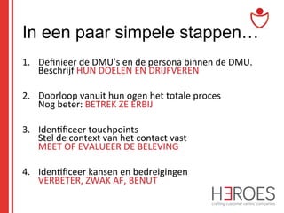 In een paar simpele stappen…
1.  Deﬁnieer	
  de	
  DMU’s	
  en	
  de	
  persona	
  binnen	
  de	
  DMU.	
  
Beschrijf	
  HUN	
  DOELEN	
  EN	
  DRIJFVEREN	
  
2.  Doorloop	
  vanuit	
  hun	
  ogen	
  het	
  totale	
  proces	
  
Nog	
  beter:	
  BETREK	
  ZE	
  ERBIJ	
  
3.  Iden@ﬁceer	
  touchpoints	
  
Stel	
  de	
  context	
  van	
  het	
  contact	
  vast	
  
MEET	
  OF	
  EVALUEER	
  DE	
  BELEVING	
  
4.  Iden@ﬁceer	
  kansen	
  en	
  bedreigingen	
  
VERBETER,	
  ZWAK	
  AF,	
  BENUT	
  	
  

 