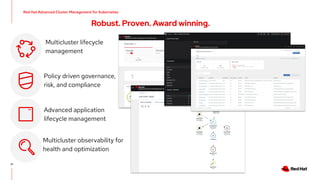 21
Robust. Proven. Award winning.
Multicluster lifecycle
management
Policy driven governance,
risk, and compliance
Advanced application
lifecycle management
Red Hat Advanced Cluster Management for Kubernetes
Multicluster observability for
health and optimization
 