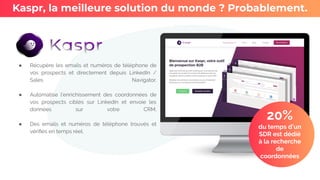 ● Récupère les emails et numéros de téléphone de
vos prospects et directement depuis LinkedIn /
Sales Navigator.
● Automatise l’enrichissement des coordonnées de
vos prospects ciblés sur LinkedIn et envoie les
données sur votre CRM.
● Des emails et numéros de téléphone trouvés et
vériﬁés en temps réel.
Kaspr, la meilleure solution du monde ? Probablement.
20%
du temps d’un
SDR est dédié
à la recherche
de
coordonnées
 